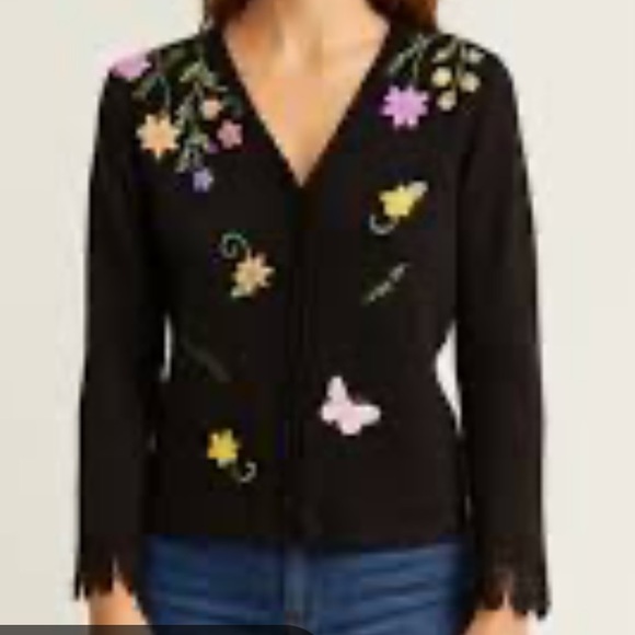 Storybook Knits Sweaters - StoryBook Knit Black Mosaic Garden Beaded Embroider Button-Front Cardigan Sz Lr